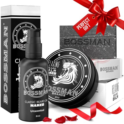 Bossman Starter Beard Kit for Men – Beard Oil (2 oz), Beard Balm & Bar Soap – Natural & Organic Grooming Kit – Made in the USA Men Gift Set (Naked – Unscented)