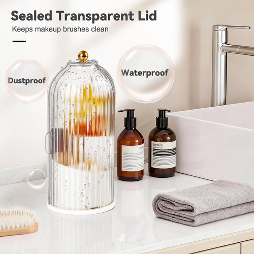 Hvygss 360° Rotating Makeup Brush Holder with Lid, Waterproof Three-Compartment Makeup Organizer, 180° Side-Pull Door Desk Organizer, Dustproof Brush Holder for Vanity and Bathroom (Clear White)