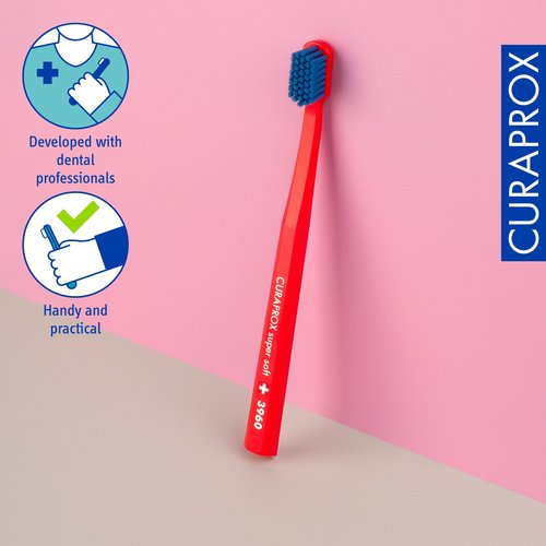 Curaprox CS 3960 Super Soft Toothbrush – Adult Oral Care | Gentle Cleaning with Super Soft 0.12 mm Bristles | Single Pack, Red/Blue