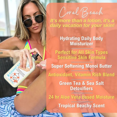 Elegant Sun Coral Beach Daily Moisturizer, Tan Extender Lotion, for After Sun or Tanning Bed, Aloe Vera base, Hypoallergenic, Sensitive Skin, Great for Men and Women, Unisex Fresh Scent