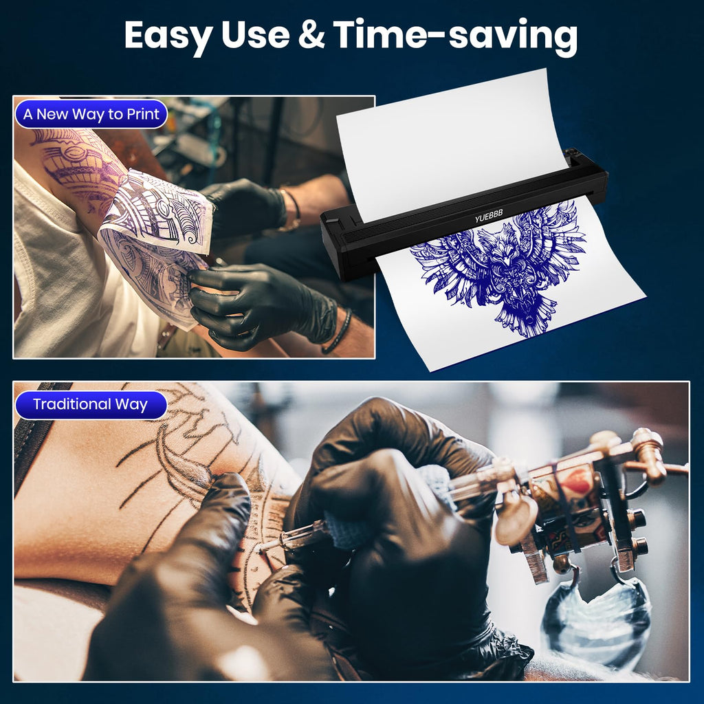 YUEBBB Tattoo Stencil Printer, Portable Printer, Wireless-Bluetooth-Thermal Tattoo Transfer Machine with 10pcs Thermal Papers & 3pcs Transfer Papers, Support Mobile & PC