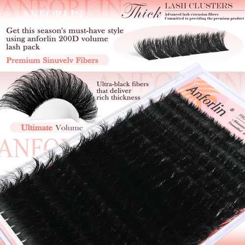 Lash Clusters 10-20mm Thick 200D Cluster Eyelash Extensions 224 Pcs D Curly Volume Eyelash Clusters 3D Mega Long Lash Clusters False Eyelashes DIY at Home, by Anforlin