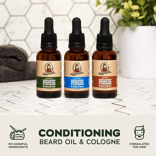 Dr. Squatch Conditioning Beard Oil - Nourishing Men's Beard Oil Gift Pack | 3 Long-Lasting Scents: Fireside Bourbon, Glacial Falls, Woodland Pine