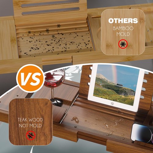 Kiasthome Teak Bathtub Caddy, Expandable Bath Tray, Non‑Slip Luxury Tub Caddy with Wine Phone Tablet Holder, Wooden Bath Accessory for Home Spa and Gift