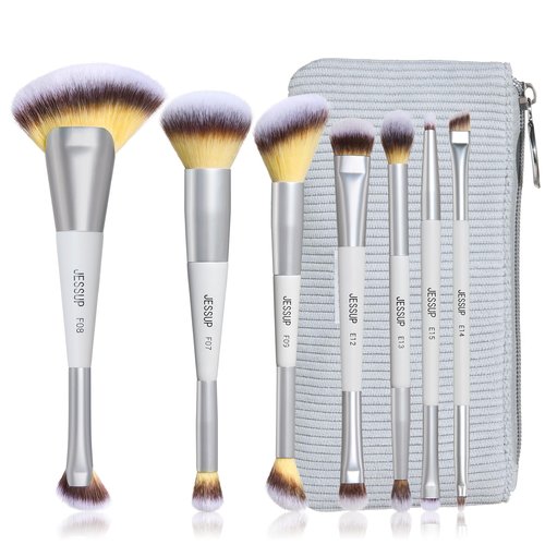 Jessup Makeup Brushes Set 7pcs Dual Ended Makeup Brush Premium Synthetic Foundation Contour Blush Highlight Blending Eyebrow Eyeshadow Shader Concealer Brush with Bag, Quiet Gray T520