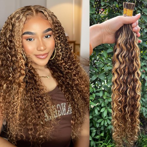 Curly I Tip Hair Extensions Human Hair 4P27 Water Wave Cold Fusion Itip Flawless Microlinks Hair Extensions Invisible Blends Naturally Individual Strands for Black Women 50G 16Inch Brown to Blonde