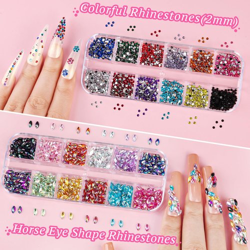 12 Boxes Nail Art Kit, Colorful Crystal Rhinestones Nail Jewels Flatback Pearls Acrylic Flower Nail Charms Caviar Beads 3D Metal Gold Studs Rivet Holographic Iridescent Sequins with Pickup Tools