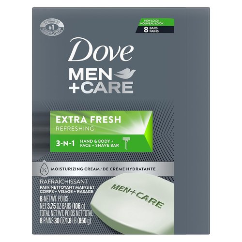 DOVE MEN + CARE 3-in-1 Bar Cleanser - Extra Fresh Hydrating Body, Face & Shaving Soap | 3.75 Ounce (Pack of 8)