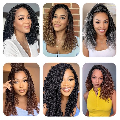 Goddess Box Braids Boho Crochet Hair - 14Inch Pre-Looped Box Braids With Curly Ends (14 Inch, Pack of 8, #1B)