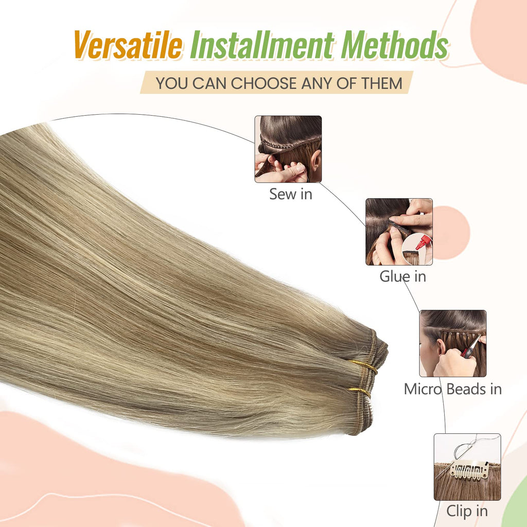 Weft Hair Extensions Sew in Real Human Hair Bundle Ash Blonde and Platinum Human Hair Extensions Hand Tied 12 Inch 80G Soft Straight Sew in Bundles Mixed with Blonde Highlights for Length/Volume