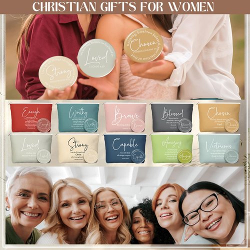 Geelin 24 Sets Christian Gifts Bulk Religious Canvas Makeup Bags with Bible Verse and Compact Mirrors Inspirational Gift for Women Teacher Staff Coworker Church Ladies Easter Holiday Gifts (Classic)