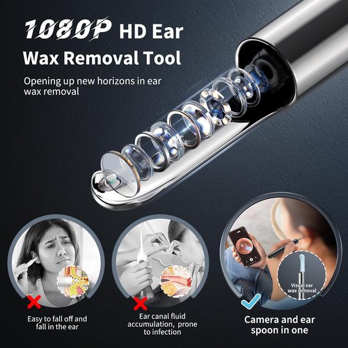 AIFINI Ear Wax Removal, Ear Cleaner with Camera and Light, FSA - HSA Eligible, Ear Wax Removal Tool Camera with 1080P, Ear Cleaning Kit with 6 Spoons, Otoscope for iOS & Android (Black)