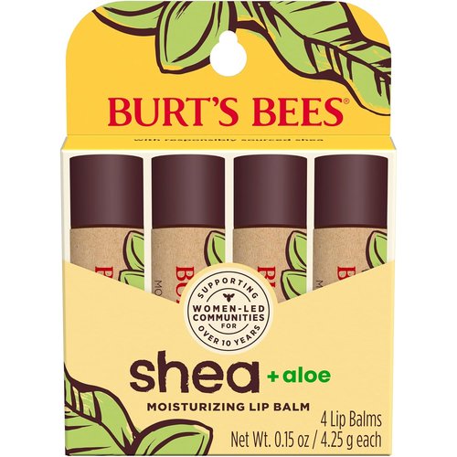 Burt's Bees Lip Balm - Shea & Aloe Moisturizer with Natural Beeswax | 4 Tubes, 0.15 oz Each