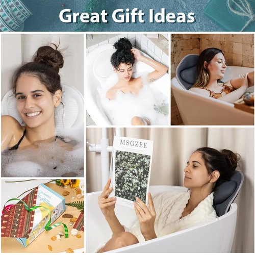 JUSDOO Bath Pillows for Tub Neck and Back Support - Upgraded Non-Slip Rubber Backing & 6 Suction Cups, 4D Air Mesh Spa Bathtub Cushion for Head Rest, Machine Washable with Laundry Bag & Hook (Gray)