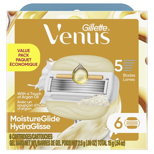Venus MoistureGlide Women's Razor Blades, With Built-in Shave Gel Bars, 6 Razor Blade Refills