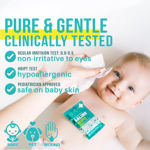 EVERLIT CARE Saline Wipes | 80 Pcs Sterile Wet Towelettes Formulated for Sensitive Skin | Nose, Piercing Aftercare, Baby & Kids | No-sting Alcohol-Free Wipes with Aloe Vera | 6" x 8" Extra Large Sheet