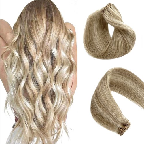 Sew In Real Human Hair Blonde Highlights Weft Extensions - Remy Hair Ash Brown Mix Platinum Blonde Hand Tied Weft - 14inch 80g