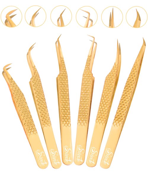 SIVOTE Eyelash Extension Tweezers Fiber Tips Japanese Steel, Set of 6, Curved, Dolphin, 90 Degree 45 Degree, Volume Boot & Slight Curved Tweezer, Gold