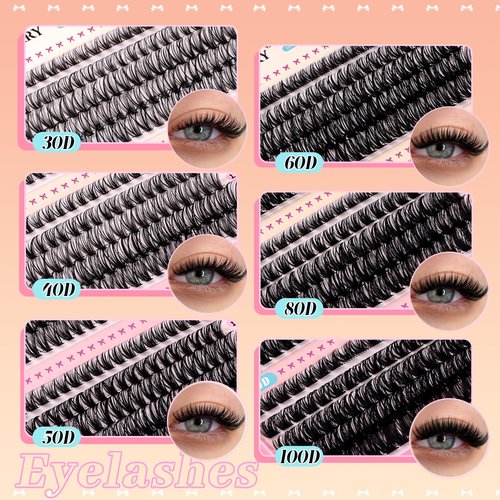 GEMERRY 565Pcs Lash Clusters D Curl Volume Eyelashes Clusters Extensions with Thin Band for DIY at home (30D+40D+50D+60D+80D+100D, 8-16mm)
