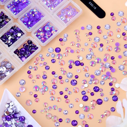 AUREHEN 15000PCs 2-6MM Purple Series Resin Flat Back Rhinestones, Round Non Hotfix Jelly & Silver Bottom Resin Rhinestones Nail Gems Stones with Tweezer & Picker Pen for Nail Art Tumblers & DIY Crafts