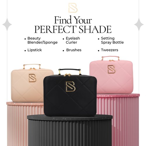 BAREZ Premium PU Leather Makeup Bag With LED Mirror - 3 Brightness Mirror Light Settings - Adjustable Dividers - Removable Mirror Waterproof Cosmetic Travel Bag - A Luxury Gift for Her (Nude)