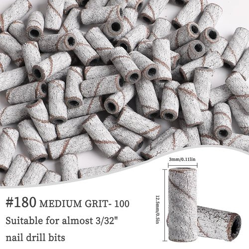 BQAN Sanding Bands for Nail Drills, 100pcs Small Bands 180 Fine Grit Nail File Sanding Bands with 2pcs Upgrade 3.1mm Mandrel Drill Bits for Acrylic Nails Gel Manicure