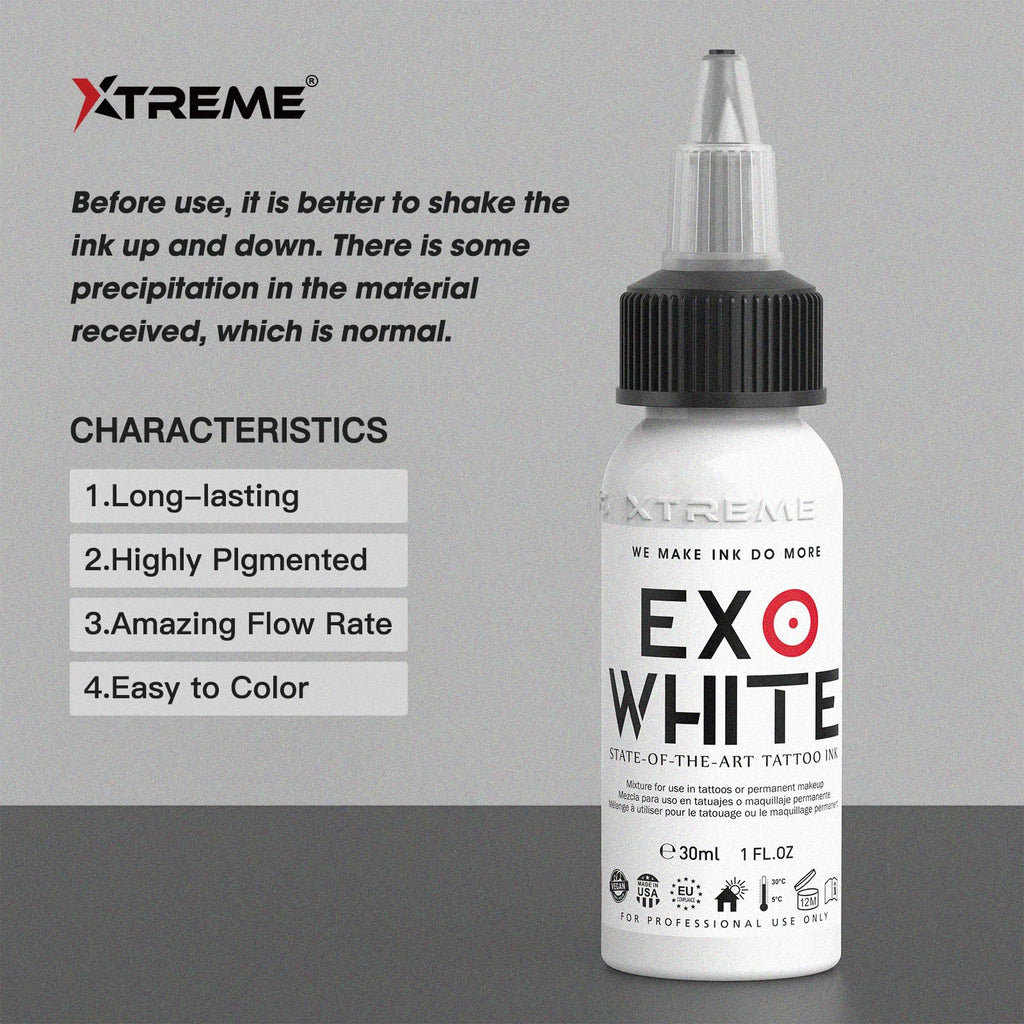 Xtreme EXO White Tattoo Ink – White for Lining & Shading – Highly Pigmented, Vegan, Smooth Flowing – Perfect for Bold Outlines & Rich Fillings (1 oz)