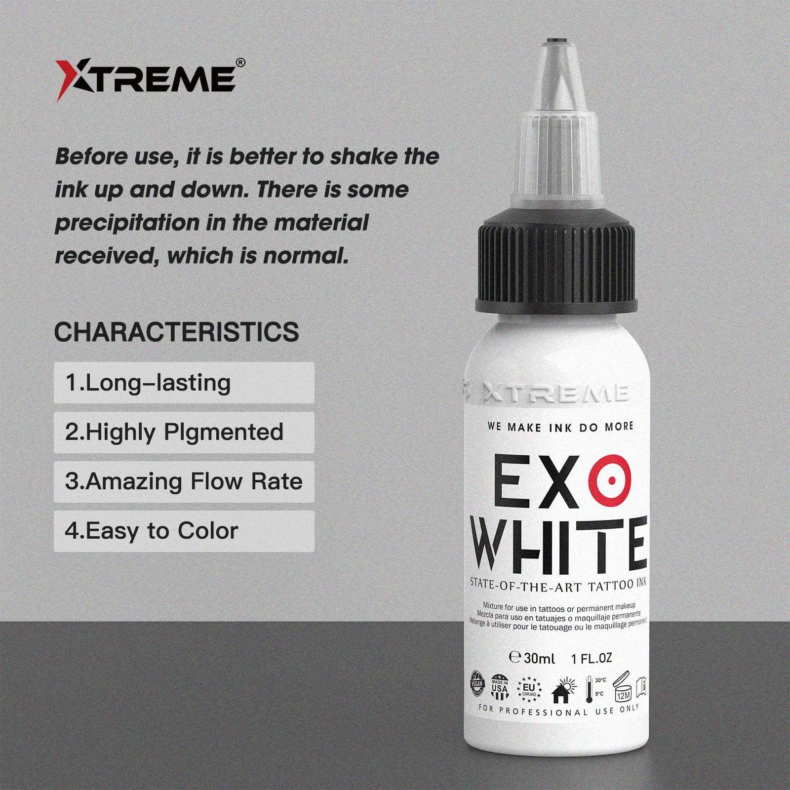 Xtreme EXO White Tattoo Ink – White for Lining & Shading – Highly Pigmented, Vegan, Smooth Flowing – Perfect for Bold Outlines & Rich Fillings (1 oz)