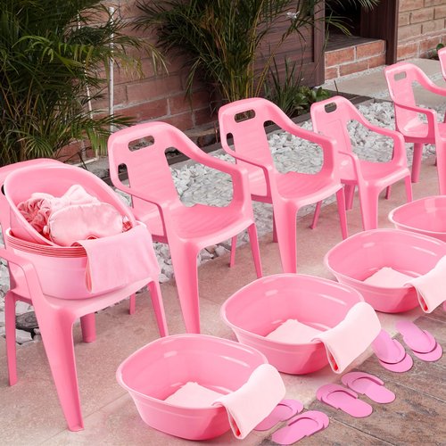 Thiccywoov 54Pcs Kids Foot Spa Party Supplies for Girl Spa Party Favors 6 Washbasin 6 Tote Bags 6 Hand Towels 6 Toe Separators 6 Hair Scrunchies 6 Hairband 6 Slipper 6 Eye Mask 6 Nail File (Pink)
