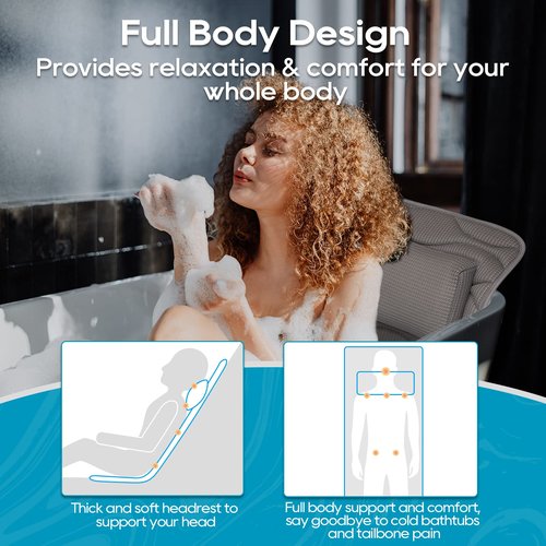 OMYSTYLE Full Body Bath Pillow, Bath Pillows for tub with Mesh Washing Bag & 21 Non-Slip Suction Cups, Spa Bathtub for Head Neck Shoulder and Back Support - 5D Air Mesh & Quick Drying | Gray