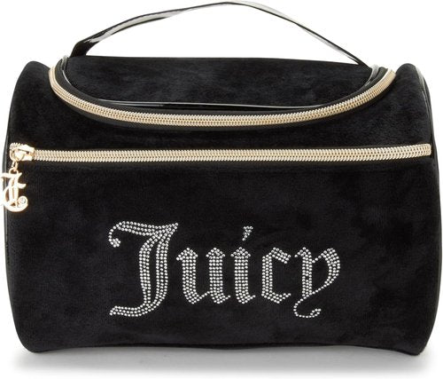 Juicy Couture Black Makeup Bag - Velour Cosmetics Organizer with Rhinestones for Travel Essentials