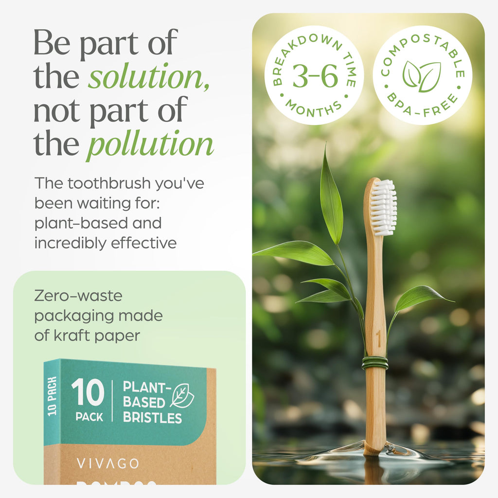 VIVAGO Bamboo Toothbrushes 10 Pack – Natural Toothbrushes, Plant-Based Soft Bristles – Eco-Friendly Wooden Toothbrush