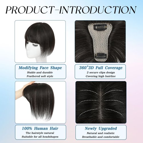 Carendia Bangs Hair Clip Human Hair Natural Black French Bangs for Women Fringe with Temples Hairpieces (Brown Black, 3D Bangs)