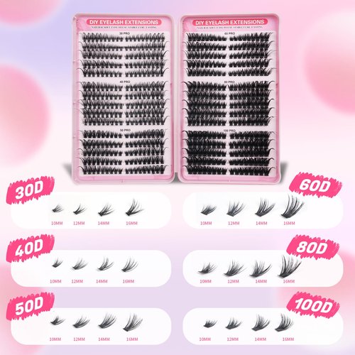 FANDIQ Eyelash Clusters 30D+40D+50D+60D+80D+100D Lash Clusters Wispy Individual Lashes Cat Eyes 540pcs 8-16MM D-Curly Lash Extensions Thick Volume Cluster Eyelashes DIY at Home(A02Pro)