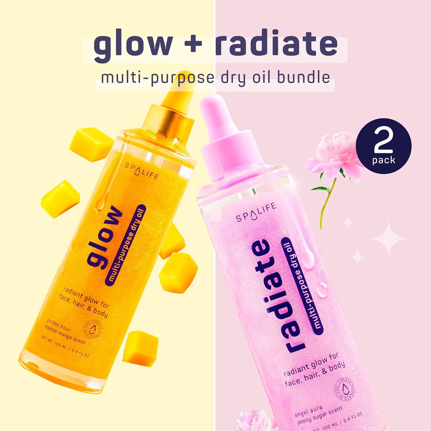 SpaLife Beauty Shimmer Oil Bundle - Radiate & Glow Dry Oil Duo with Mango & Peony Scents - Hydrating Moisture
