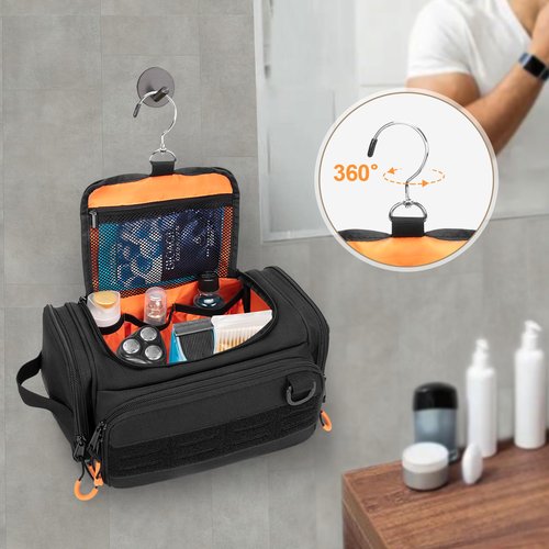 Prokva Tactical Toiletry Bag for Men, Hanging Hygiene Bag, Travel Dopp Kit Organizer for Shaving, Shower Essentials and Toiletries, Black (Empty Bag)