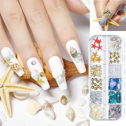 2 Boxes Summer Nail Art Rhinestones, 3D Ocean Theme Nail Charms Starfish Conch Seashell Designs Nail Art Rivets Manicure DIY Sea Series Nail Decorations for Women Girls (B)