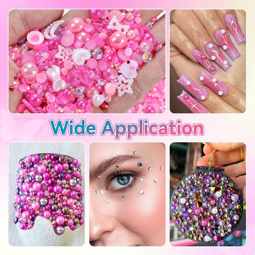 50g Dark Pink Flatback Rhinestones Pearls for Bedazzling, 3-8mm Flatback Rhinestone Gems, 2-10mm Pearls Beads, Moon Star Heart Bowknots Pearl Nail Charms for Crafts DIY Clothes Tumblers