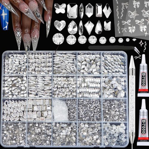 6400Pcs Silver Clear Nail Rhinestones, 600Pcs Multishapes Big Nail Gemstones +5800Pcs 1.5-6.5mm Flat Back Round Crystal Beads with B7000, Nail Decals, Multsize Flat Back Glass Stones for DIY Art