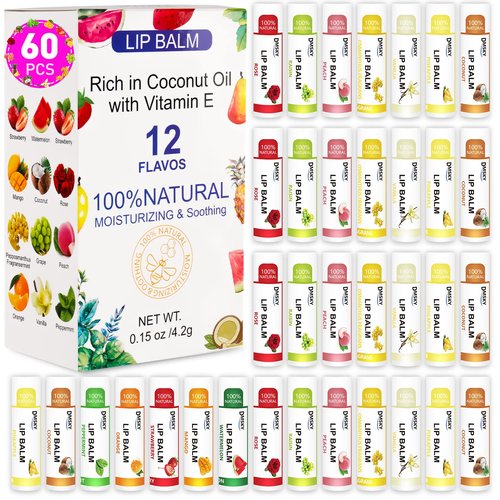 DMSKY 60 Pack Lip Balm, Natural Lip Balm Bulk with Vitamin E and Coconut Oil, Moisturizing Lip Balm for Chapped Lips, Bulk Lip Balm for Women-12 Flavors