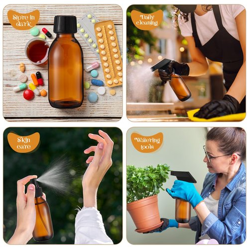 Honeydak 8 Set 4 oz Amber Glass Spray Bottles Kit Small Empty Spray Bottle for Essential Oil Mini Fine Mist Spray Bottle with Nozzle Dropper Label Refillable Container for Cleaning Solutions Skin Care