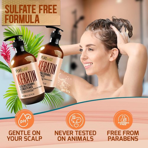 **Keratin Shampoo and Conditioner Set - Sulfate & Paraben Free Treatment for Dry, Curly Hair - Anti-Frizz, Collagen-Enriched Formula**