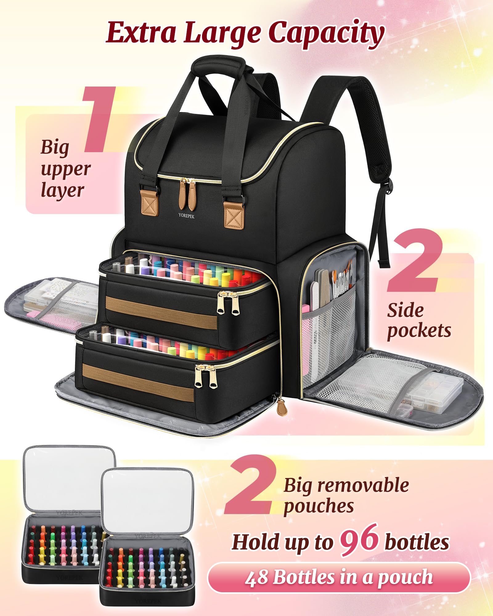 YOREPEK Extra Large Nail Polish Organizer Case Backpack Holds 96 to 100+ Bottles(15ml/0.5 fl.oz) UV Nail Lamp,Nail Organizers and Storage with 2 Removable Pouches Fits Nail Stuff,Gifts for Manicurist