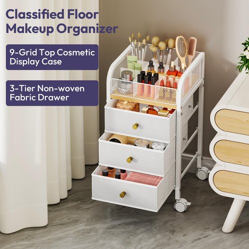 SWTYMIKI Rolling Makeup Organizer Cart - Floor Skincare Make Up Storage with 3 Non-woven Drawers, Vanity Organizer Cosmetic Display Cases Cabinet for Skin Care Perfume Nail Polish Brush Hair Tool