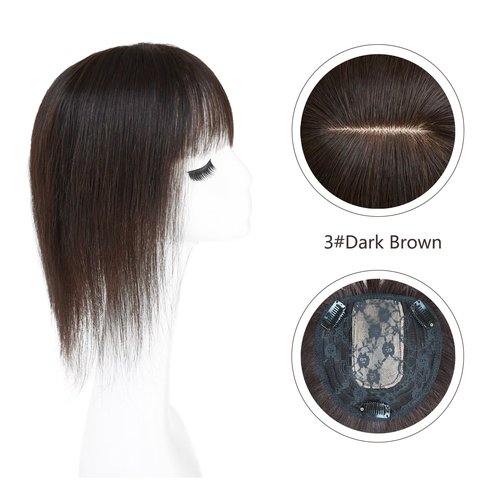 Maweilar Middle Part Clip In Human Hair Hair Topper With Bangs, Clip in Human Hair Toppers Seamless Hairpiece for Women Thick Silk Base Topper for Thicking Hair (Dark Brown, 5.1"x 5.1", 12")