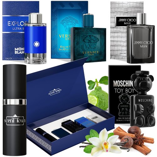 Scentown Men's Cologne Gift Set - Designer Sampler with Refillable Atomizer | Travel Size (0.17 Oz Each)