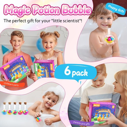 MeCids Magic Potion Bubble Bath Bombs for Kids -Bath Color Tablets Bath Potions for Toddlers Ages 4-12 Fun Science Kit Gift for Birthday, Halloween，Christmas- 6 Pack (Shaped Gems & Stars)