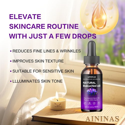 AIninas Bakuchiol Oil Organic for Face - Natural Retinol Alternative Reduces Wrinkles & Fine Lines, Sensitive Skin Safe, Mix with Moisturizer - Hydrating Facial Serum for Day & Night Use, 2 fl oz