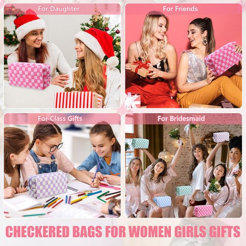Giesiery 8 Pcs Checkered Makeup Bag Bulk Cosmetic Organizer for Women & Teens Preppy Travel Toiletry Pouch for Skincare & Brushes Bridesmaid Proposal Gifts (24, Pastel Color)