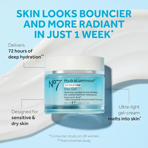 No7 HydraLuminous+ Hydrating Day Gel Moisturizer - Hyaluronic Acid & Vitamin B3 for Skin Hydration | 1.69 Fl Oz